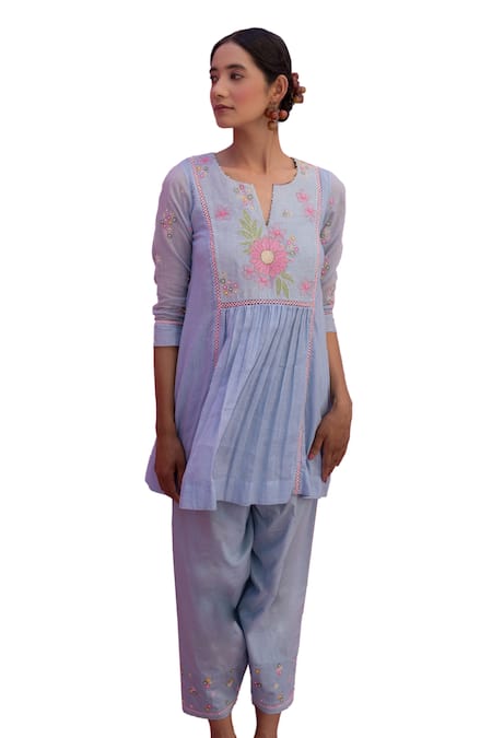 Shop_Nimbu Mirchi_Blue Cotton, Kota Doria Embroidery Bloom Yoke Gathered Short Kurta With Salwar _Online_at_Aza_Fashions