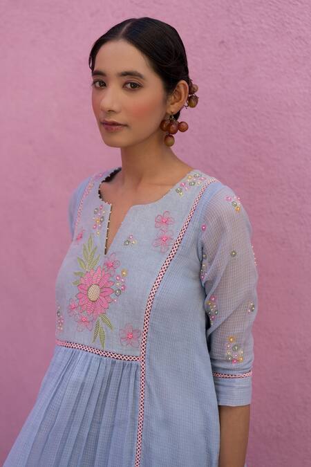 Nimbu Mirchi_Blue Cotton, Kota Doria Embroidery Bloom Yoke Gathered Short Kurta With Salwar _at_Aza_Fashions