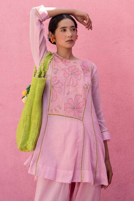 Buy_Nimbu Mirchi_Pink Cotton Sequins, Embroidery Round Neck Blossom Yoke Short Kurta With Salwar _Online_at_Aza_Fashions