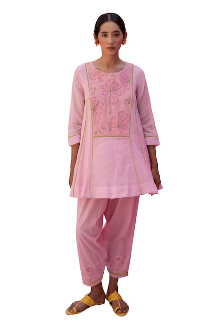 Shop_Nimbu Mirchi_Pink Cotton Sequins, Embroidery Round Neck Blossom Yoke Short Kurta With Salwar _Online_at_Aza_Fashions