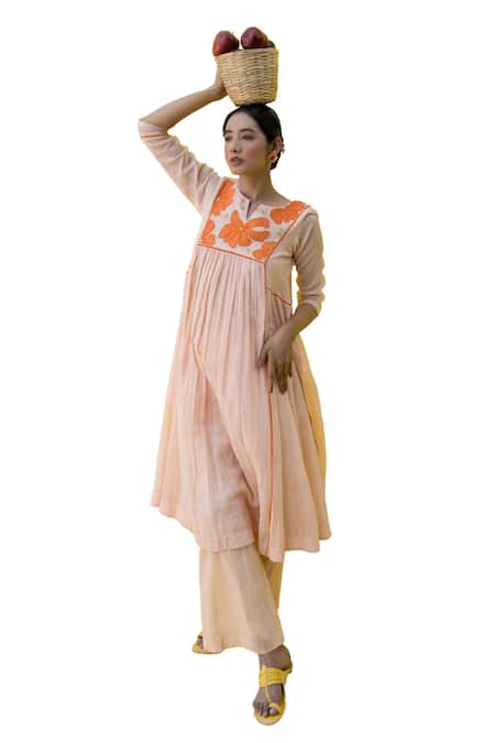 Buy_Nimbu Mirchi_Peach Cotton, Kota Doria Fleur Patch Embroidered Gathered Anarkali With Palazzo _Online_at_Aza_Fashions