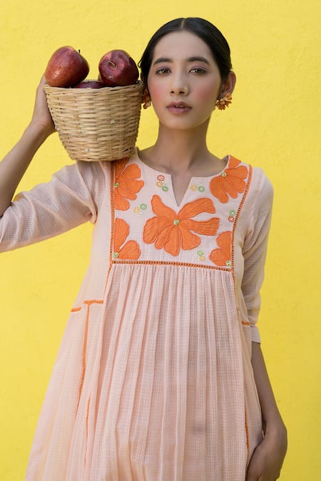 Nimbu Mirchi_Peach Cotton, Kota Doria Fleur Patch Embroidered Gathered Anarkali With Palazzo _at_Aza_Fashions