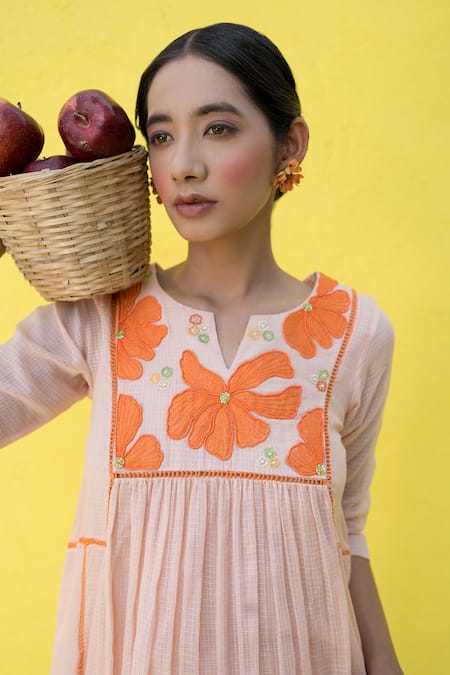 Buy_Nimbu Mirchi_Peach Cotton, Kota Doria Fleur Patch Embroidered Gathered Anarkali With Palazzo 