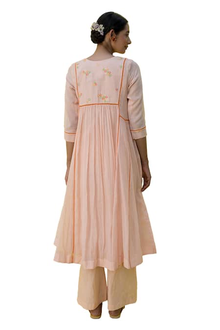 Shop_Nimbu Mirchi_Peach Cotton, Kota Doria Fleur Patch Embroidered Gathered Anarkali With Palazzo 