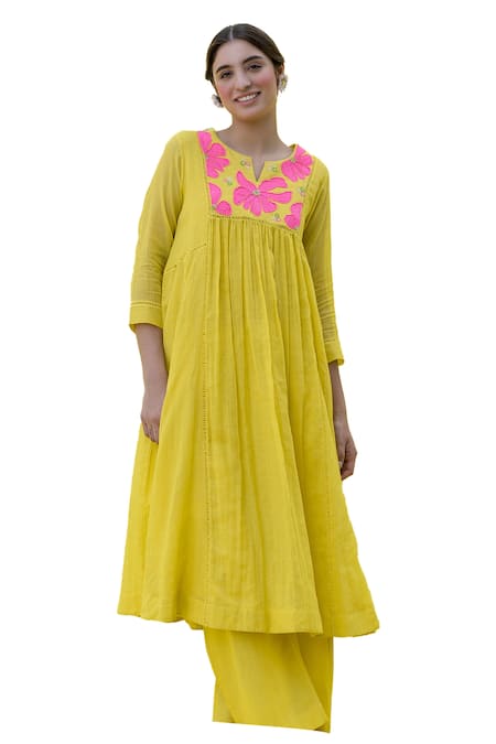 Nimbu Mirchi_Yellow Cotton, Kota Doria Embroidery Flora Patch Gathered Anarkali With Palazzo _Online_at_Aza_Fashions