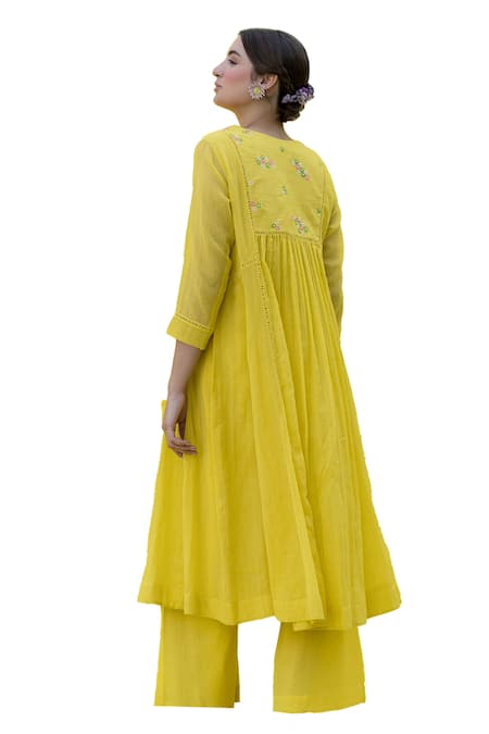 Buy_Nimbu Mirchi_Yellow Cotton, Kota Doria Embroidery Flora Patch Gathered Anarkali With Palazzo _Online_at_Aza_Fashions