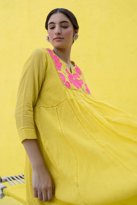 Shop_Nimbu Mirchi_Yellow Cotton, Kota Doria Embroidery Flora Patch Gathered Anarkali With Palazzo _Online_at_Aza_Fashions