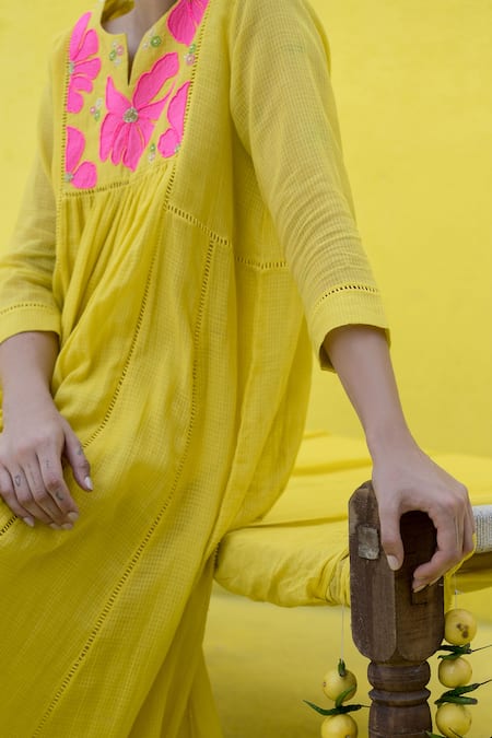 Nimbu Mirchi_Yellow Cotton, Kota Doria Embroidery Flora Patch Gathered Anarkali With Palazzo _at_Aza_Fashions