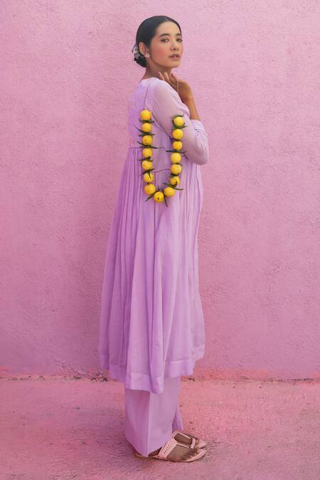 Nimbu Mirchi_Purple Cotton, Kota Petunia Patch Embroidered Gathered Anarkali With Palazzo _Online_at_Aza_Fashions