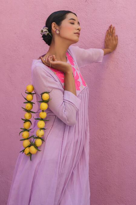 Shop_Nimbu Mirchi_Purple Cotton, Kota Petunia Patch Embroidered Gathered Anarkali With Palazzo _Online_at_Aza_Fashions