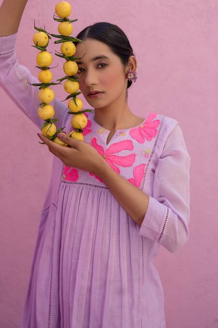 Buy_Nimbu Mirchi_Purple Cotton, Kota Petunia Patch Embroidered Gathered Anarkali With Palazzo 