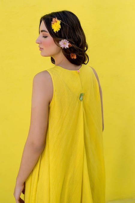 Buy_Nimbu Mirchi_Yellow Cotton, Kota Doria Sequins Round Florence Patch Embroidered Midi Dress _Online_at_Aza_Fashions