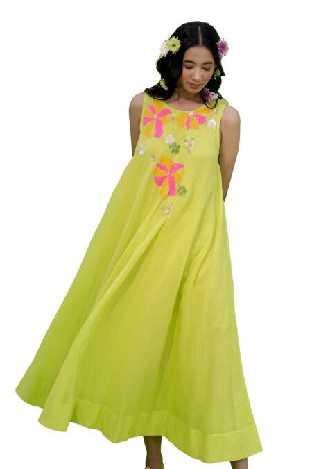 Shop_Nimbu Mirchi_Green Cotton, Kota Doria Embroidery, Sequins Round Neck Flora Patch Midi Dress _Online_at_Aza_Fashions