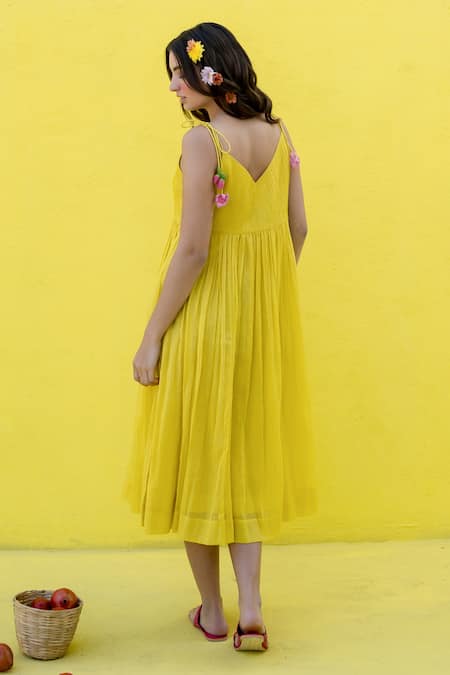 Nimbu Mirchi Pintucked Yoke Fruit Flora Tassel Embellished Dress 