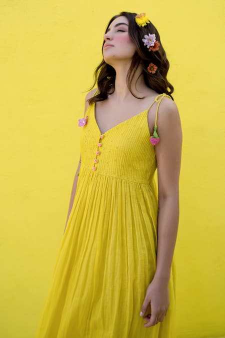 Buy Nimbu Mirchi Yellow Cotton, Kota Doria Pintucked Yoke Fruit Flora Tassel Embellished Dress Online at Aza Fashions Buy_Nimbu Mirchi_Yellow Cotton, Kota Doria Pintucked Yoke Fruit Flora Tassel Embellished Dress _Online_at_Aza_Fashions