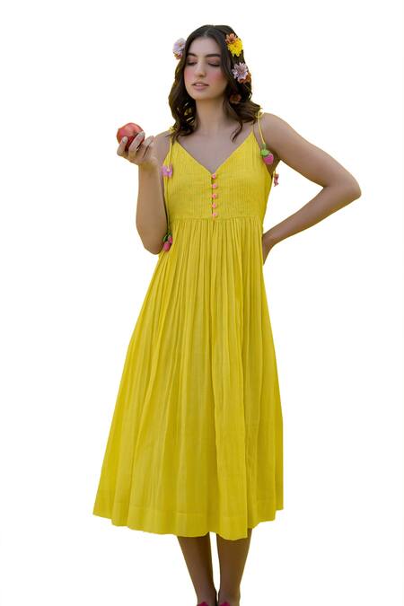 Shop Nimbu Mirchi Yellow Cotton, Kota Doria Pintucked Yoke Fruit Flora Tassel Embellished Dress Online at Aza Fashions Shop_Nimbu Mirchi_Yellow Cotton, Kota Doria Pintucked Yoke Fruit Flora Tassel Embellished Dress _Online_at_Aza_Fashions
