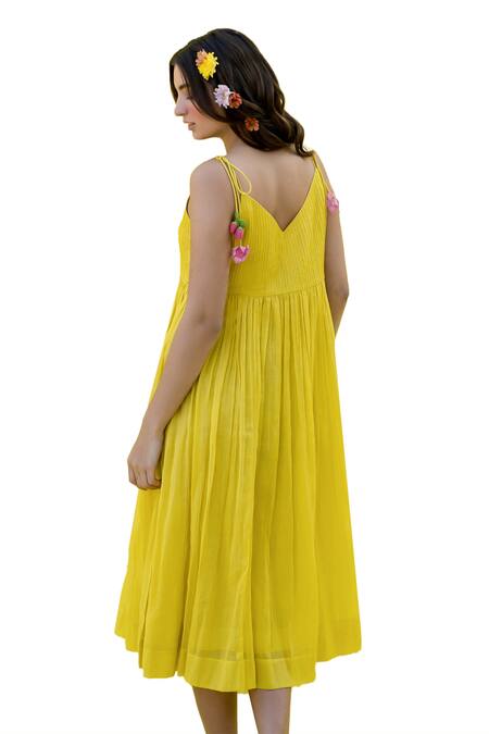 Nimbu Mirchi Yellow Cotton, Kota Doria Pintucked Yoke Fruit Flora Tassel Embellished Dress at Aza Fashions Nimbu Mirchi_Yellow Cotton, Kota Doria Pintucked Yoke Fruit Flora Tassel Embellished Dress _at_Aza_Fashions