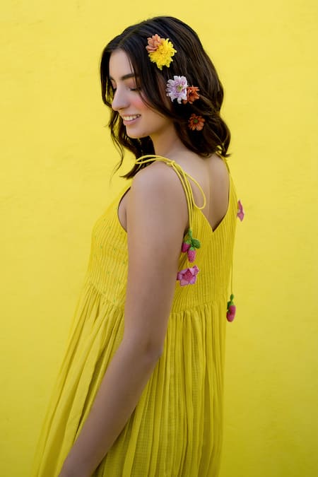 Buy Nimbu Mirchi Yellow Cotton, Kota Doria Pintucked Yoke Fruit Flora Tassel Embellished Dress Buy_Nimbu Mirchi_Yellow Cotton, Kota Doria Pintucked Yoke Fruit Flora Tassel Embellished Dress