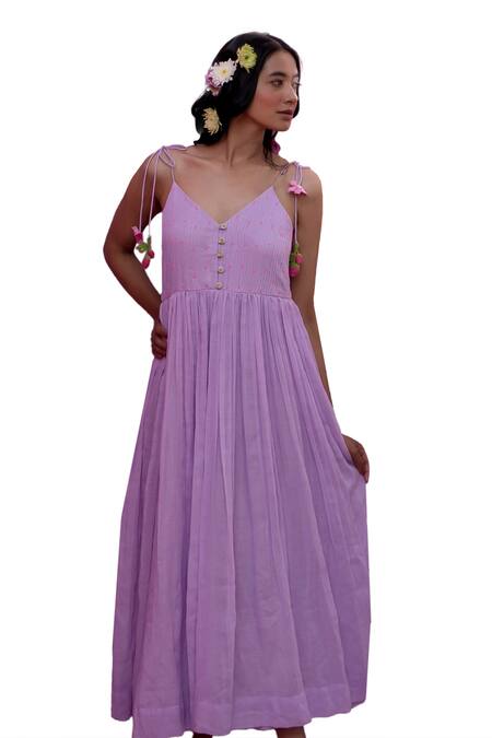 Buy_Nimbu Mirchi_Purple Cotton, Kota Doria Beads V-neck Pintucked Yoke Tie Up Sleeves Dress _Online_at_Aza_Fashions