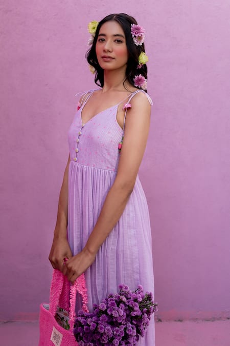 Shop_Nimbu Mirchi_Purple Cotton, Kota Doria Beads V-neck Pintucked Yoke Tie Up Sleeves Dress _Online_at_Aza_Fashions