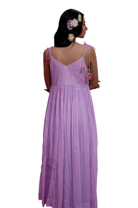 Nimbu Mirchi_Purple Cotton, Kota Doria Beads V-neck Pintucked Yoke Tie Up Sleeves Dress _at_Aza_Fashions