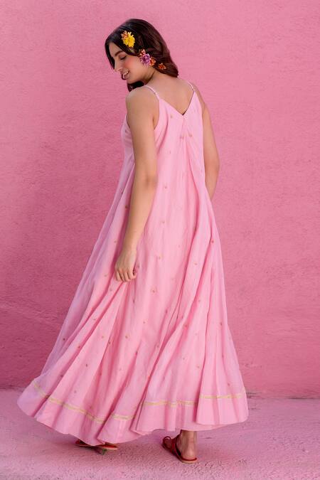 Shop Nimbu Mirchi Pink Cotton, Kota Doria Embroidery V-neck Strawberry Maxi Dress at Aza Fashions Shop_Nimbu Mirchi_Pink Cotton, Kota Doria Embroidery V-neck Strawberry Maxi Dress_at_Aza_Fashions