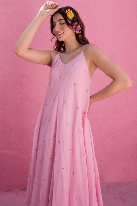 Buy Nimbu Mirchi Pink Cotton, Kota Doria Embroidery V-neck Strawberry Maxi Dress Online at Aza Fashions Buy_Nimbu Mirchi_Pink Cotton, Kota Doria Embroidery V-neck Strawberry Maxi Dress_Online_at_Aza_Fashions