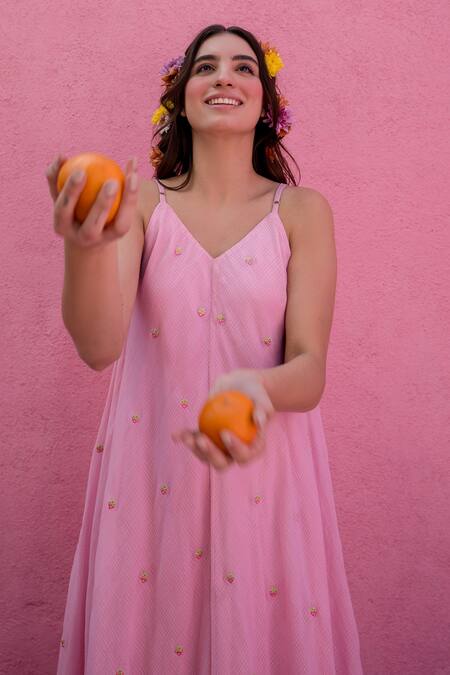 Shop Nimbu Mirchi Pink Cotton, Kota Doria Embroidery V-neck Strawberry Maxi Dress Online at Aza Fashions Shop_Nimbu Mirchi_Pink Cotton, Kota Doria Embroidery V-neck Strawberry Maxi Dress_Online_at_Aza_Fashions