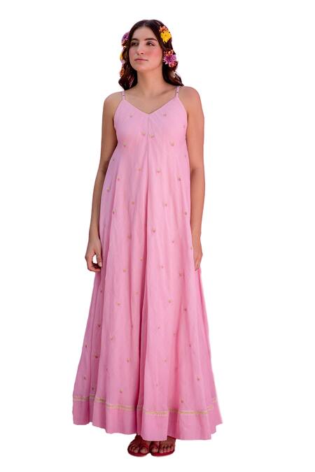 Nimbu Mirchi Pink Cotton, Kota Doria Embroidery V-neck Strawberry Maxi Dress at Aza Fashions Nimbu Mirchi_Pink Cotton, Kota Doria Embroidery V-neck Strawberry Maxi Dress_at_Aza_Fashions
