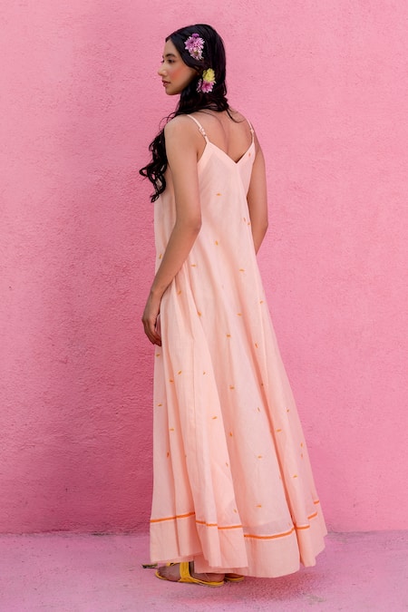 Shop Nimbu Mirchi Peach Cotton, Kota Doria Embroidery V-neck Strawberry Wonder Maxi Dress at Aza Fashions Shop_Nimbu Mirchi_Peach Cotton, Kota Doria Embroidery V-neck Strawberry Wonder Maxi Dress_at_Aza_Fashions