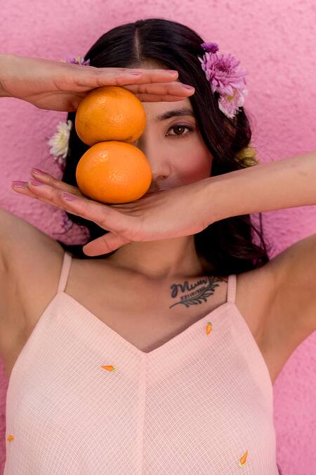 Buy Nimbu Mirchi Peach Cotton, Kota Doria Embroidery V-neck Strawberry Wonder Maxi Dress Online at Aza Fashions Buy_Nimbu Mirchi_Peach Cotton, Kota Doria Embroidery V-neck Strawberry Wonder Maxi Dress_Online_at_Aza_Fashions