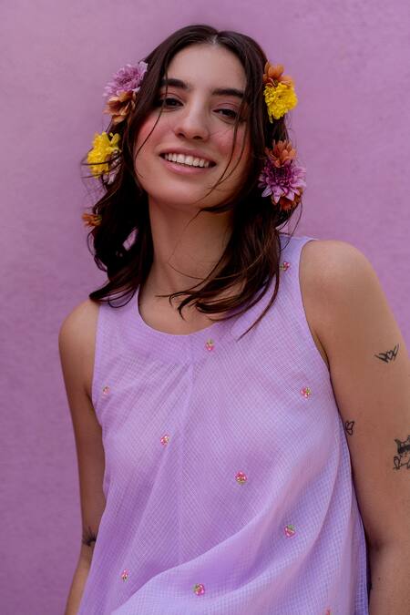 Nimbu Mirchi_Purple Cotton Kota Embroidery Strawberry Scoop Neck Berry Short Dress_Online_at_Aza_Fashions