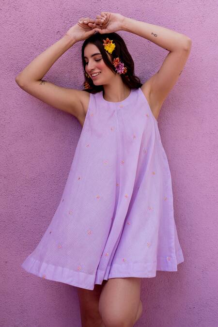 Buy_Nimbu Mirchi_Purple Cotton Kota Embroidery Strawberry Scoop Neck Berry Short Dress_Online_at_Aza_Fashions