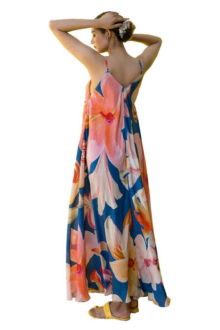 Nimbu Mirchi_Blue Crepe Sequins V-neck Lily Blossom Print Maxi Dress_Online_at_Aza_Fashions