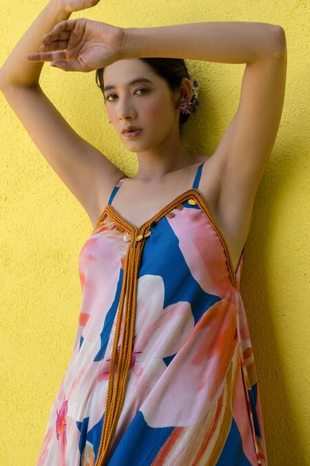 Shop_Nimbu Mirchi_Blue Crepe Sequins V-neck Lily Blossom Print Maxi Dress_Online_at_Aza_Fashions