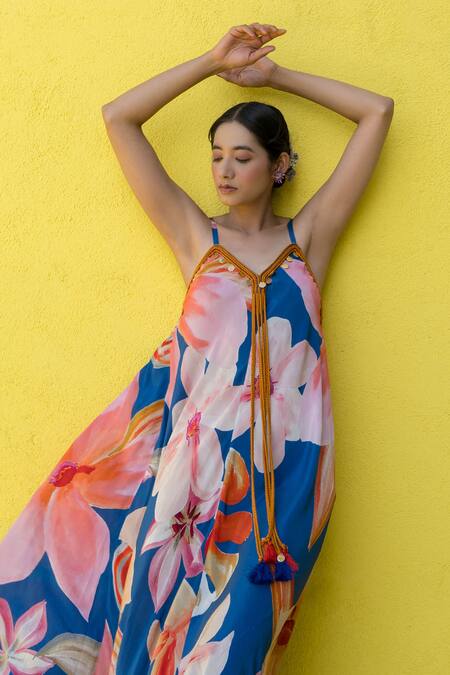 Buy_Nimbu Mirchi_Blue Crepe Sequins V-neck Lily Blossom Print Maxi Dress