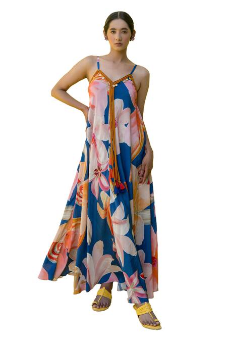 Shop_Nimbu Mirchi_Blue Crepe Sequins V-neck Lily Blossom Print Maxi Dress