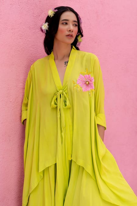 Nimbu Mirchi_Green Crepe Sequins V-neck Flora Embroidered Shirt With Flared Pant_Online_at_Aza_Fashions