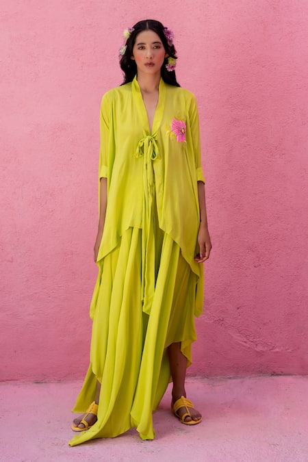 Buy_Nimbu Mirchi_Green Crepe Sequins V-neck Flora Embroidered Shirt With Flared Pant_Online_at_Aza_Fashions