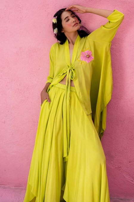 Shop_Nimbu Mirchi_Green Crepe Sequins V-neck Flora Embroidered Shirt With Flared Pant_Online_at_Aza_Fashions