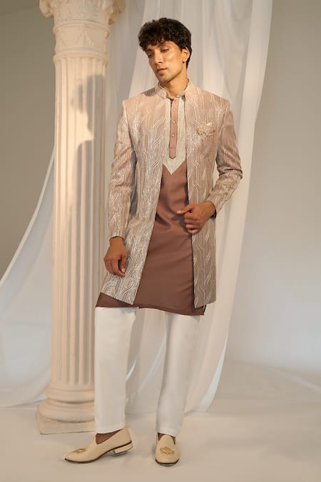 Shop_Soniya G X AZA_Pink Tussar, Chanderi , Embroidery, Chikankari Jacket Kurta Set _Online_at_Aza_Fashions