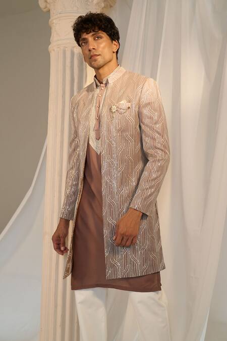Shop_Soniya G X AZA_Pink Tussar, Chanderi , Embroidery, Chikankari Jacket Kurta Set 