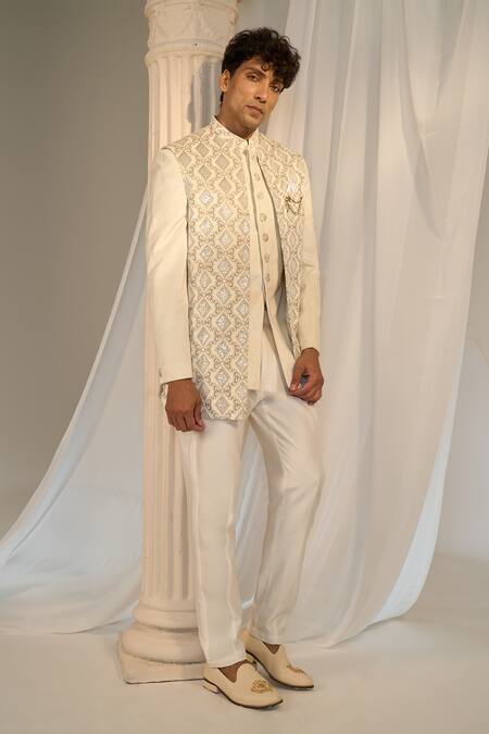 Shop Soniya G Cream Velvet Sequins Embroidered Jacket With Bandhgala Set Online at Aza Fashions Shop_Soniya G_Cream Velvet Sequins Embroidered Jacket With Bandhgala Set_Online_at_Aza_Fashions