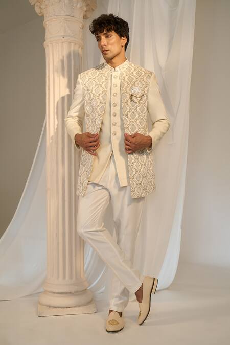 Buy Soniya G Cream Velvet Sequins Embroidered Jacket With Bandhgala Set Buy_Soniya G_Cream Velvet Sequins Embroidered Jacket With Bandhgala Set