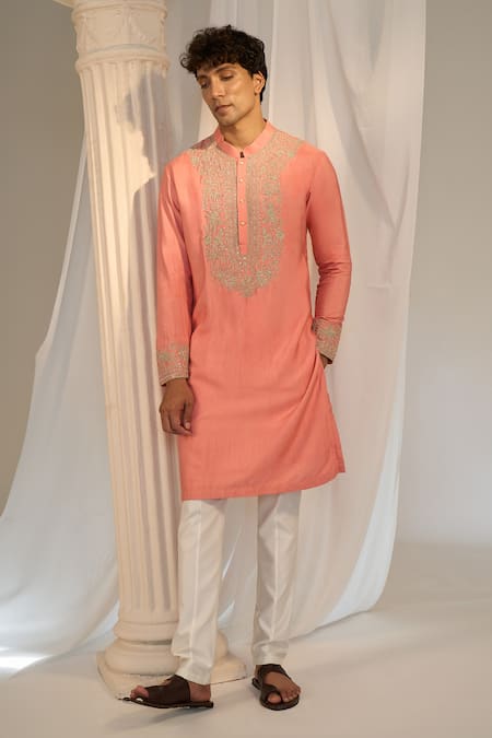 Shop_Soniya G X AZA_Pink Handloom Cotton Embroidery Floral Kurta Pant Set _Online_at_Aza_Fashions