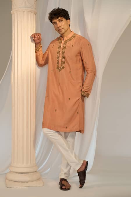 Buy_Soniya G X AZA_Orange Handloom Cotton Embroidery Floral Kurta Pant Set _Online_at_Aza_Fashions