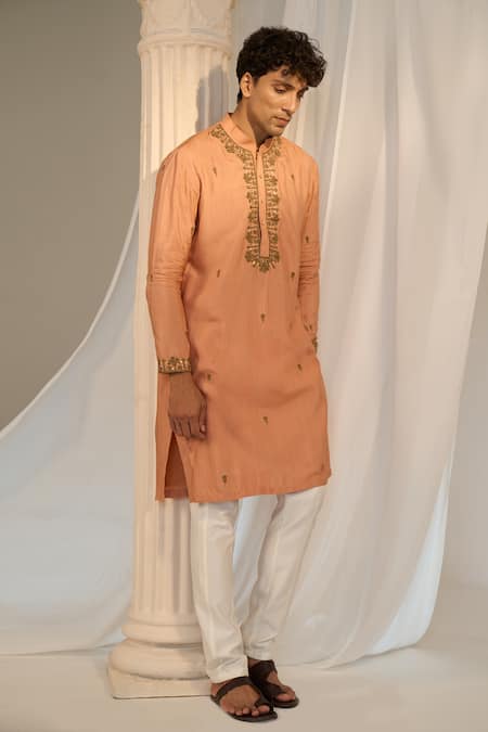 Shop_Soniya G X AZA_Orange Handloom Cotton Embroidery Floral Kurta Pant Set _Online_at_Aza_Fashions