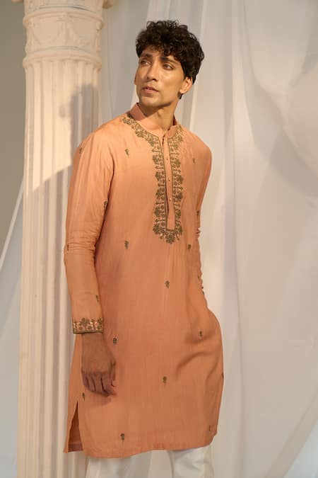 Soniya G X AZA_Orange Handloom Cotton Embroidery Floral Kurta Pant Set _at_Aza_Fashions