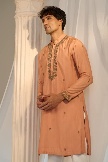 Buy_Soniya G X AZA_Orange Handloom Cotton Embroidery Floral Kurta Pant Set 