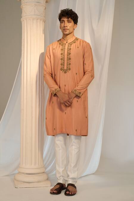 Shop_Soniya G X AZA_Orange Handloom Cotton Embroidery Floral Kurta Pant Set 